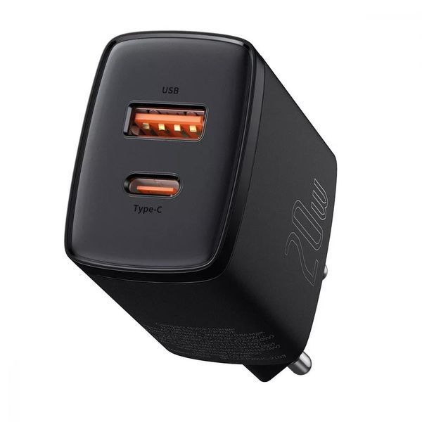 Мережевий зарядний пристрій Baseus Compact Quick Charger 20W QC+ PD (1Type-C + 1USB) black 5101        фото