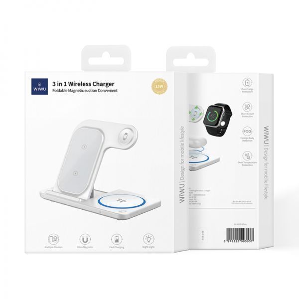 Бездротовий зарядний пристрій WiWU Wi-W020 Foldable Magnetic Station Wireless Charger 3in1 15W White 5749        фото